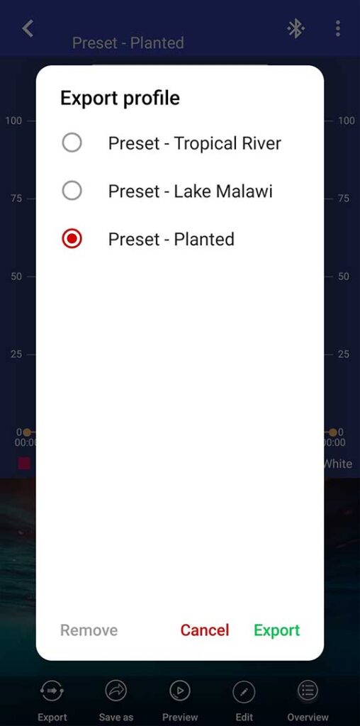 fluval plant 3.0 nano preset selection screen